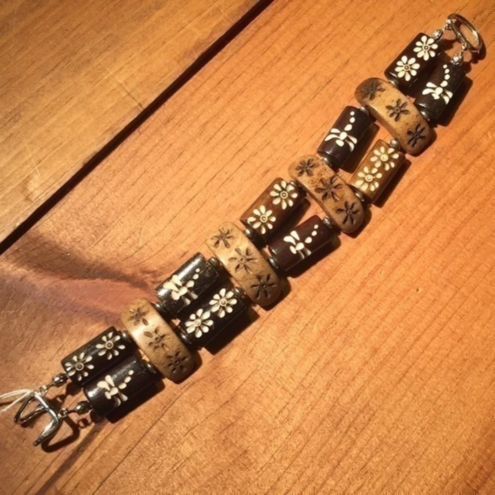 Handmade Flower Dragonfly Bracelet 8” Boho Layered Carved Wood Chunky Women’s